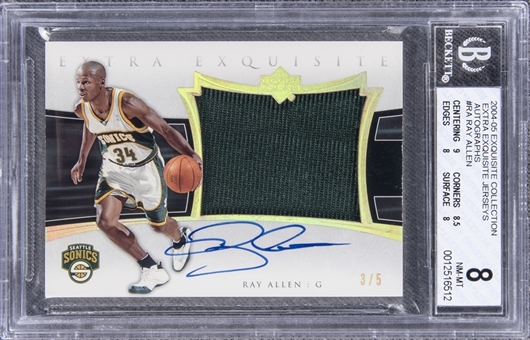 2004-05 UD "Exquisite Collection" Extra Exquisite Jerseys Autographs #RA Ray Allen Signed Game Used Patch Card (#3/5) – BGS NM-MT 8/BGS 10 